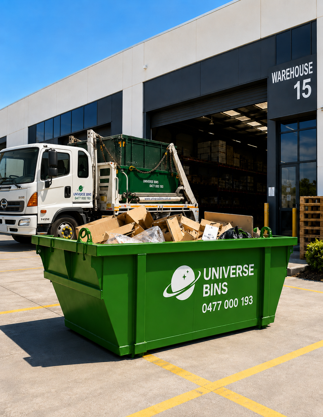 A Universe Bins commercial skip bin filled with cardboard outside a Melbourne warehouse, with the skip truck behind it
