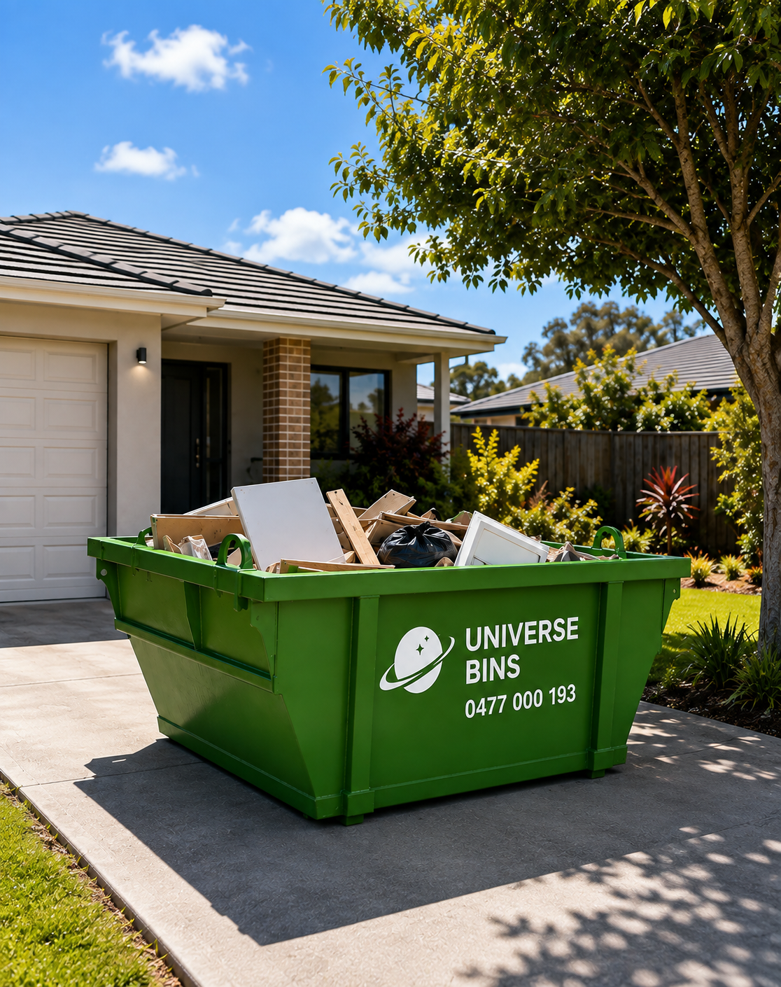 A Universe Bins skip bin filled with old furniture and household items on the driveway of a Melbourne rental property
