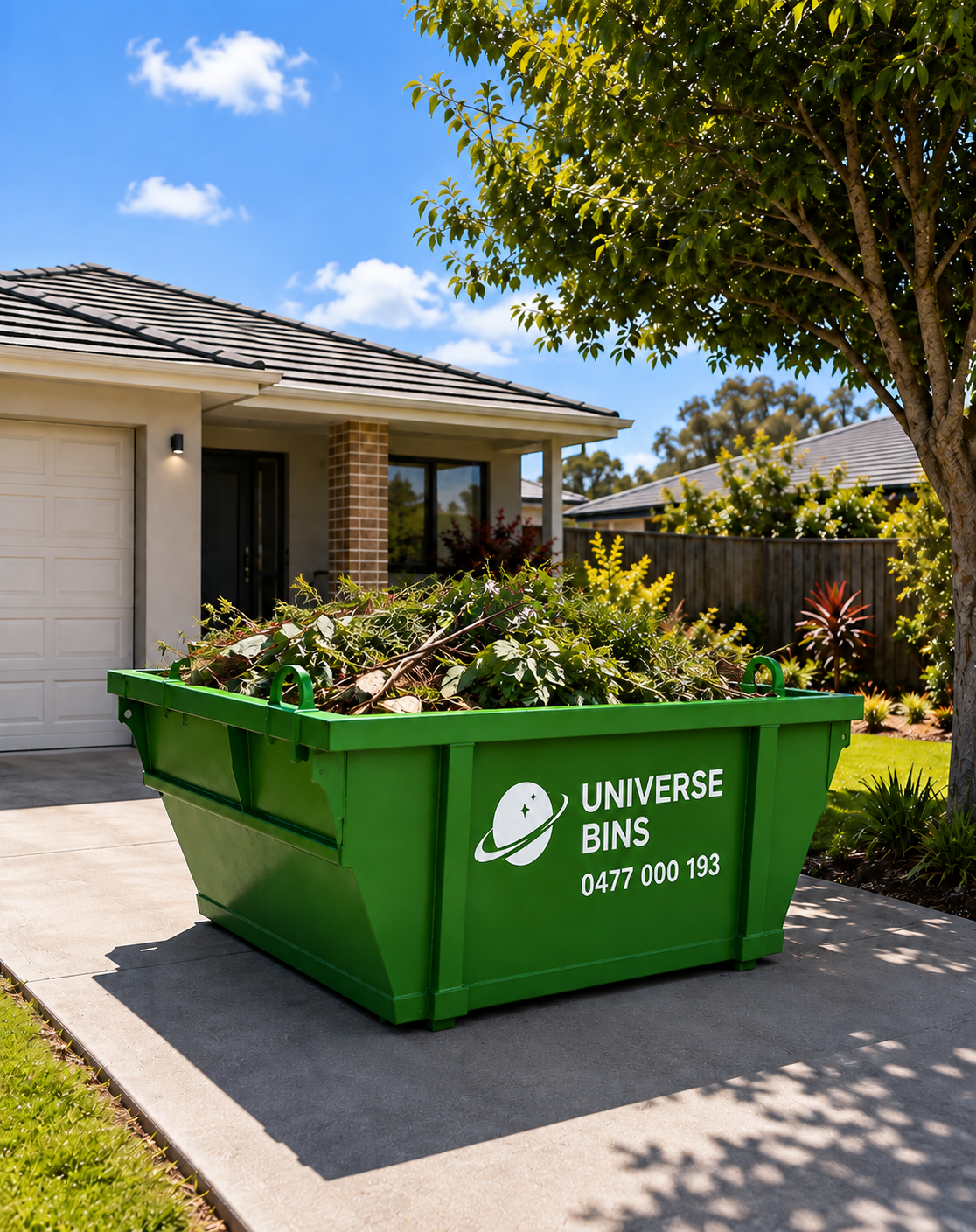 A green Universe Bins skip bin filled with garden prunings and green waste on the driveway of a Melbourne home